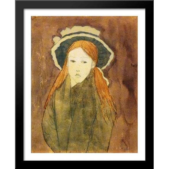 Little girl wearing large hat 28x34 Large Black Wood Framed Print Art by Gwen John