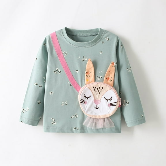 Little hand Girls Long Sleeve Kid Tough Tee Shirt Rabbit Graphic Tee Cotton Casual Crewneck T-Shirt 4-10 Years