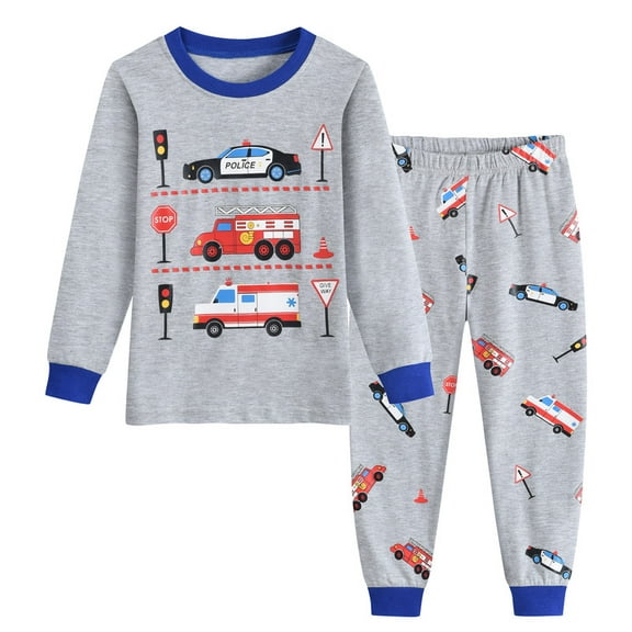 Little hand Toddler Boy Truck Pajamas Long SleevesCotton Sleepwear 2-Piece Gray 2T