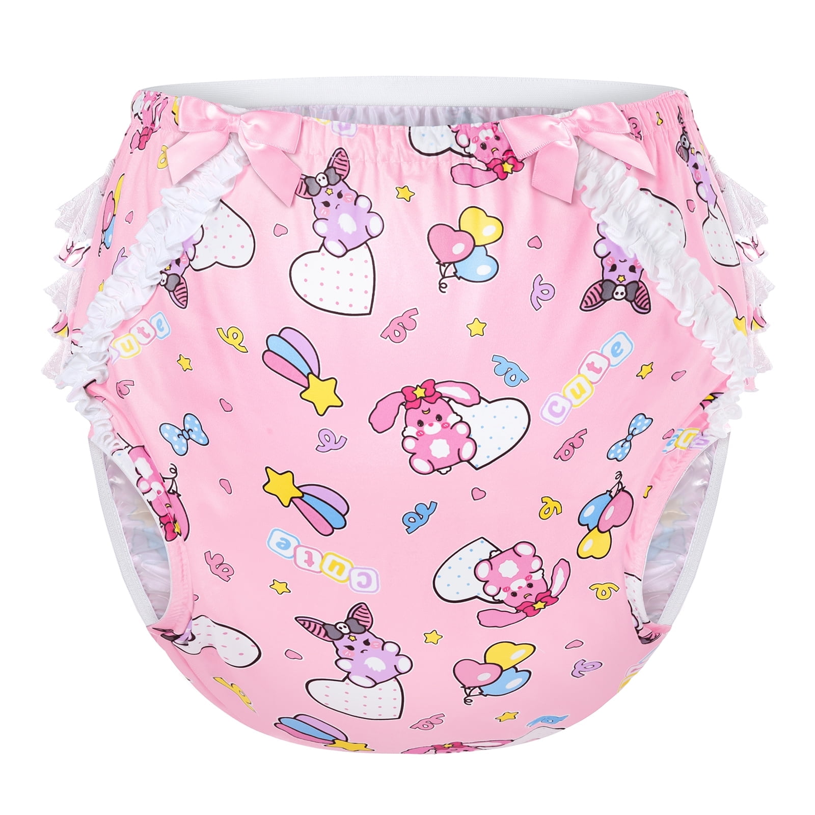 LittleForBig Silky Washable Reusable Waterproof Ruffled Lace Bow Baby Usagi & Bella Pattern Ruffle Adult Diaper Cover S