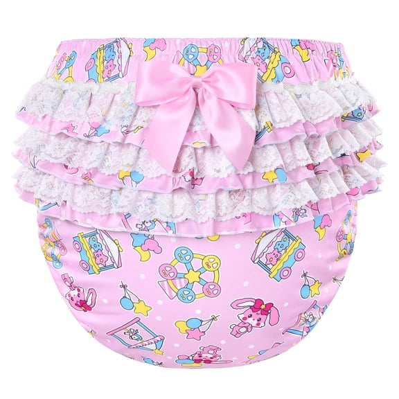 LittleForBig Silky Washable Reusable Waterproof Ruffled Lace Bow Usagi Pastel Circus Pattern Ruffle Adult Diaper Cover S