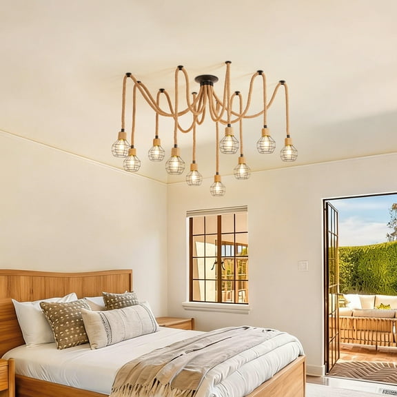 LittleGlovo 8/10/12-Light Hemp Rope Ceiling Lamp with Metal Spherical Shade