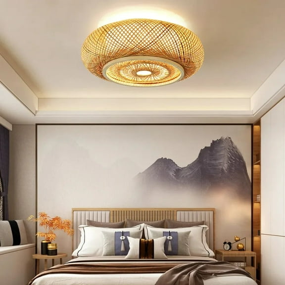 LittleGlovo Bamboo Ceiling Light Fixtures Vintage Bamboo Rattan Semi Flush Mount Ceiling Light, Handmade Bamboo Woven Ceiling Lights for Hallway Bedroom Livingroom Kitchen