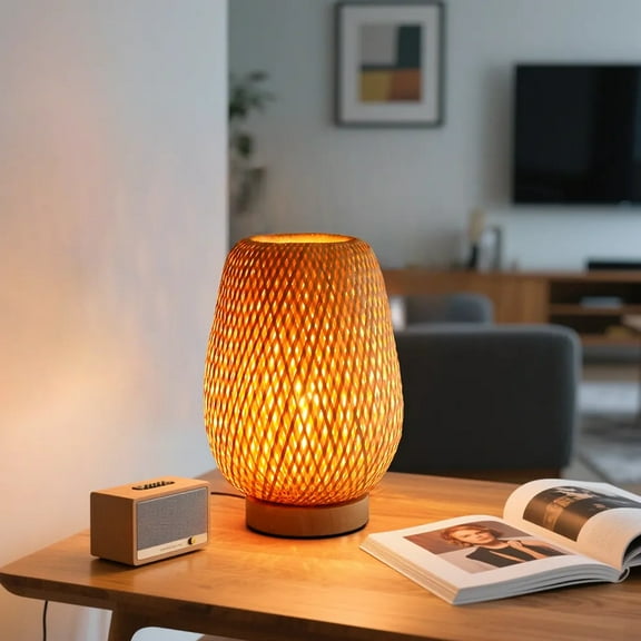 LittleGlovo Bamboo Weaving Table Lamp With Handmade Natural Wooden Base