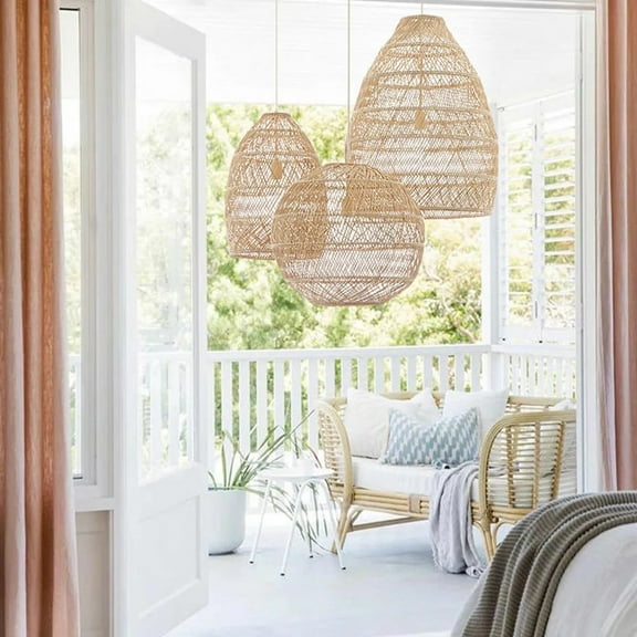 LittleGlovo Basket Rattan Woven Lantern Chandelier Pendant Lamp Shade for Dining Room