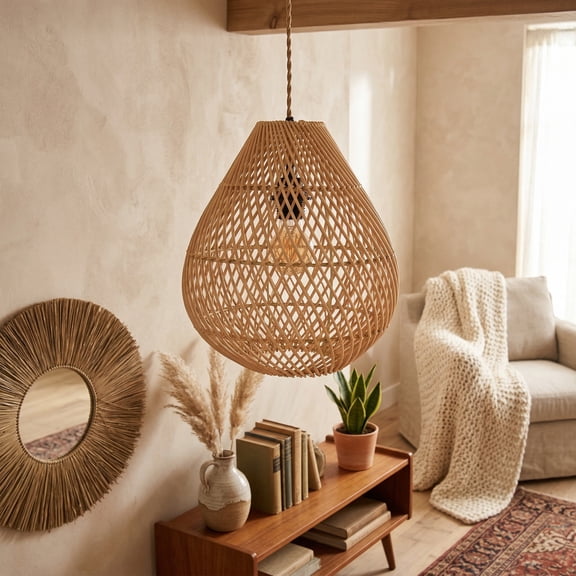 LittleGlovo Bohemian Handmade Chandelier Pendant Kitchen Island Natural Wicker Rattan Light Shade