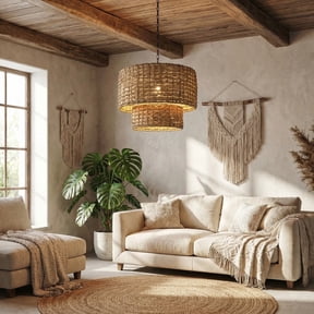 LittleGlovo Bohemian Natural Rattan Double Drum Pendant Light