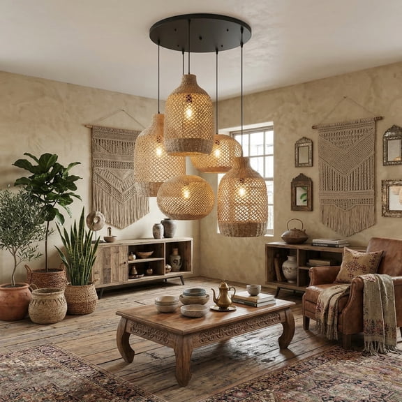 LittleGlovo Bohemian Rattan Pendant Light Fixture 5-Light Woven Rope Chandelier