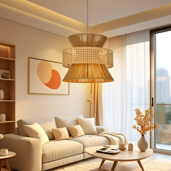 LittleGlovo Boho Charming Pendant Light Rattan Lampshade Handmade Woven Rattan Lighting