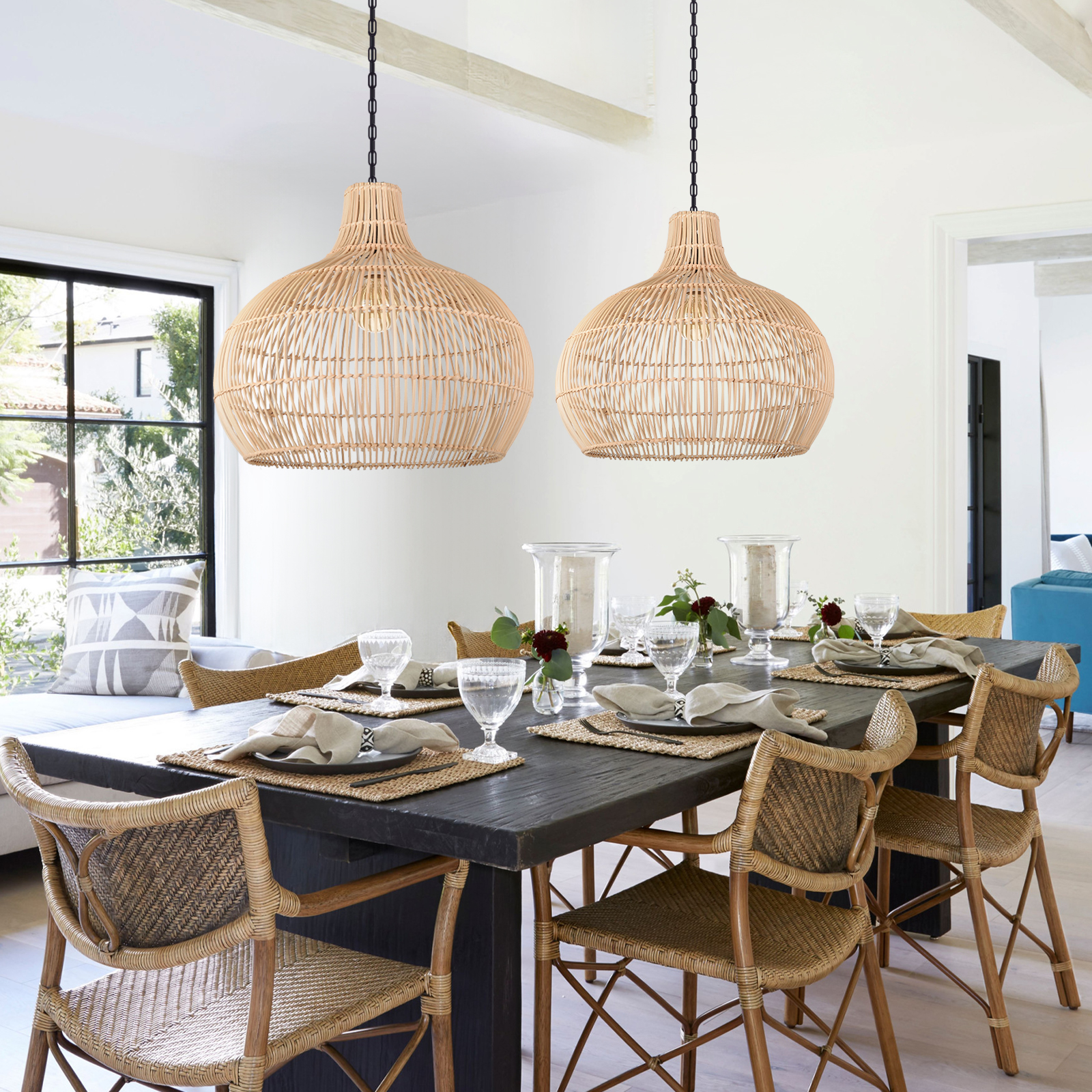LittleGlovo Boho Home Decor Kitchen Island Rattan Bamboo Pendant Light Basket Weave Linear Chandelier