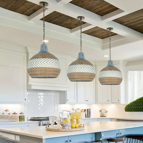 LittleGlovo Classic Blue Rattan Pendant Light Shade Quality Handmade Kitchen Island Dining Room Hanging Ceiling Chandeliers