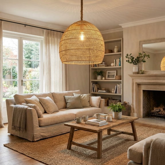 LittleGlovo Coastal Rattan Pendant Light, Natural Woven Globe Shade for Outdoor/Indoor Dining Areas