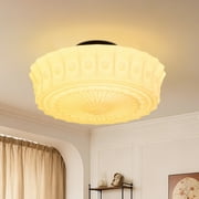 LittleGlovo Contemporary Retro Iron Glass Lace Floral Relief Pattern Drum Shade Semi-Flush Mount Ceiling Light For Living Room