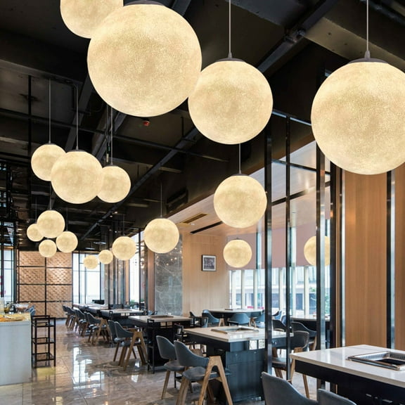 LittleGlovo Creative Moon Pendant Light Spherical Acrylic Hanging Lights with Metal Base Modern Dining Room Decoration Lighting Suspension Lamp