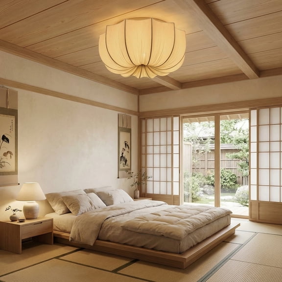 LittleGlovo French Fabric Petal Ceiling Light Rustic Flush Mount Drum Chandelier for Living Room & Bedroom