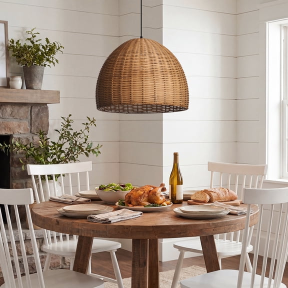 LittleGlovo Hand-Woven Rattan Dome Chandelier Bohemian Coastal Wicker Pendant Light