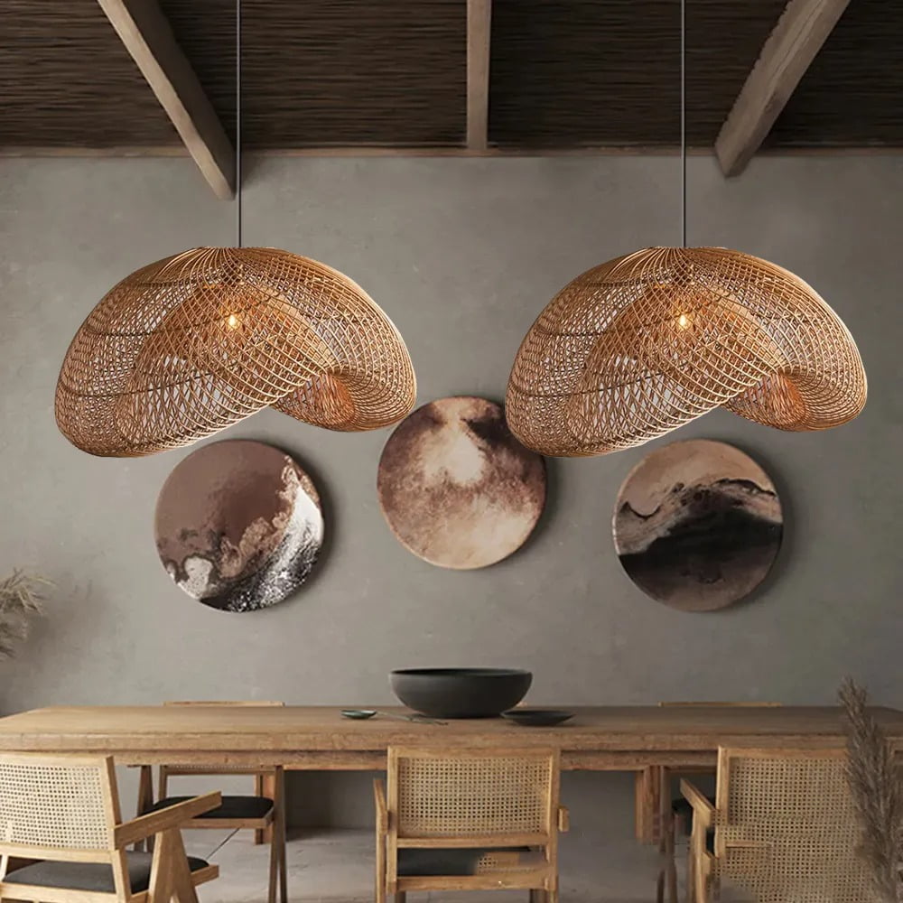 LittleGlovo Handmade Wabi-Sabi Rattan Woven Dining Room Pendant Lamp Wicker Light Fixture