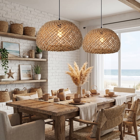 LittleGlovo Handwoven Natural Rope Dome Pendant Light Coastal Boho Woven Hanging Lamp Wicker Ceiling Fixture