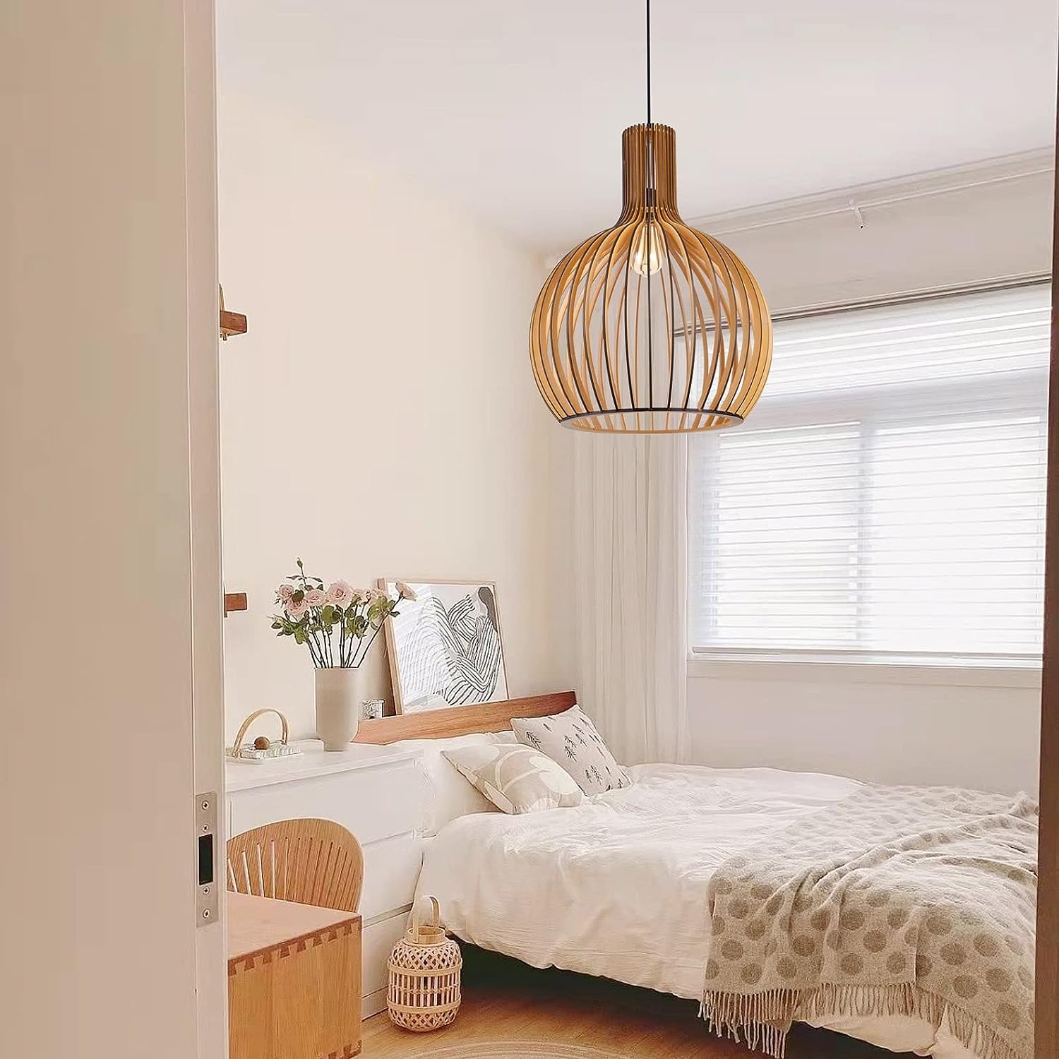 LittleGlovo Japanese Wooden Hanging Light Fixtures Handmade Restaurant Birdcage Chandelier