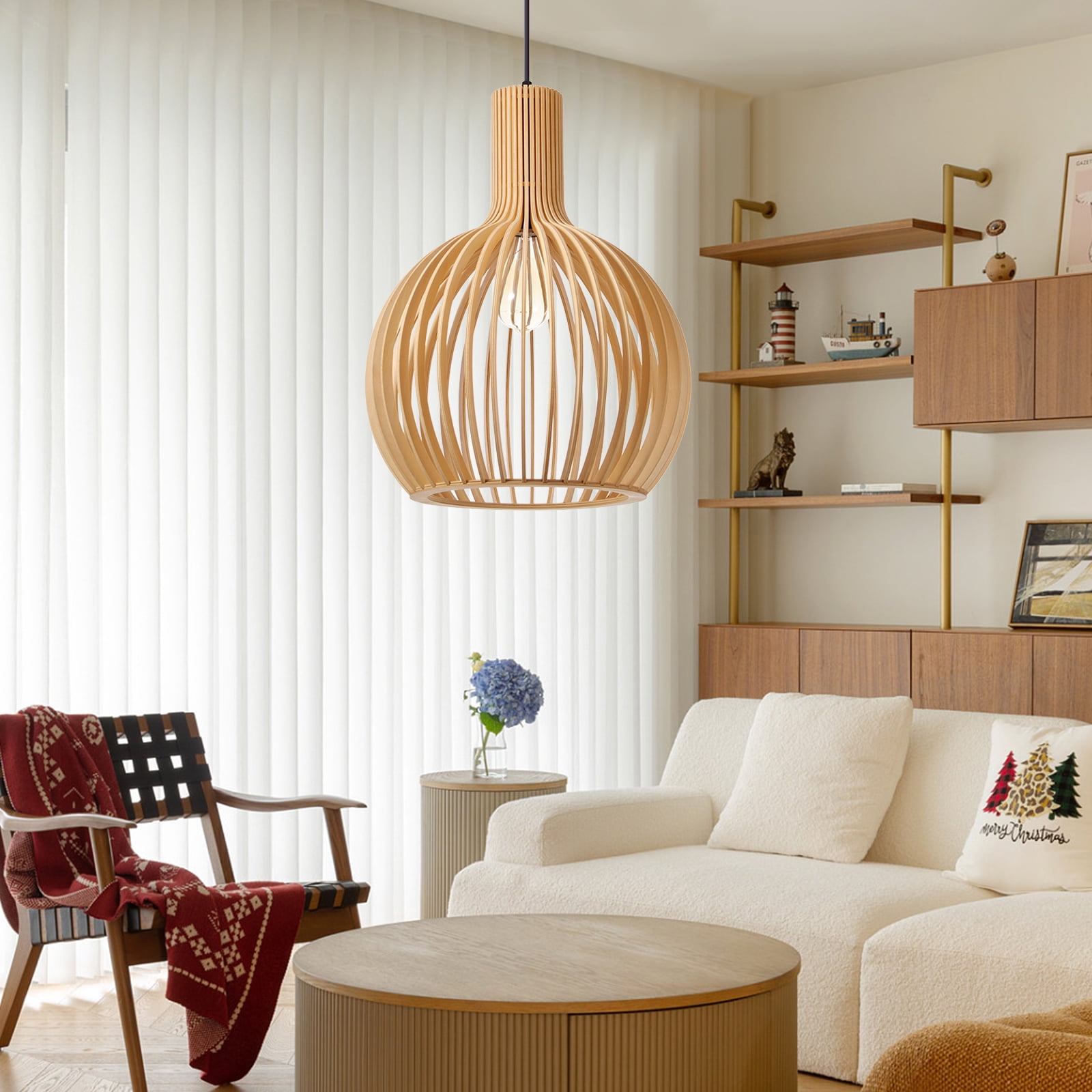 LittleGlovo Japanese Wooden Hanging Light Fixtures Handmade Restaurant Birdcage Chandelier