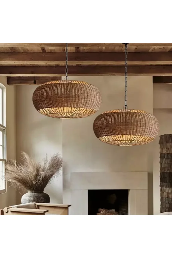 Large Farmhouse Rattan Pendant Light