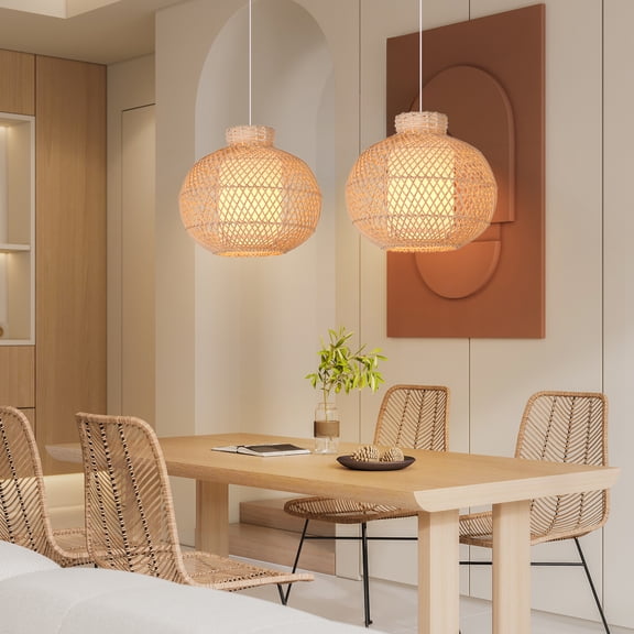 LittleGlovo Light Rattan Pendant Lighting Globe Handmade Lampshade for Bedroom