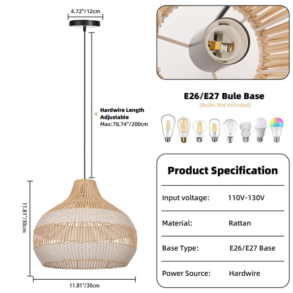 LittleGlovo Natural Rattan Woven Dome Pendant Light Handmade Bohemian Farmhouse Hanging Ceiling Light