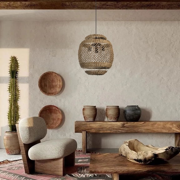 LittleGlovo Natural Rattan Woven Pendant Light, Boho Rustic Hanging Ceiling Light