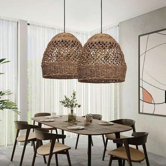 LittleGlovo Natural Seagrass Lampshade Rattan Pendant Light Handmade Lamp Fixture