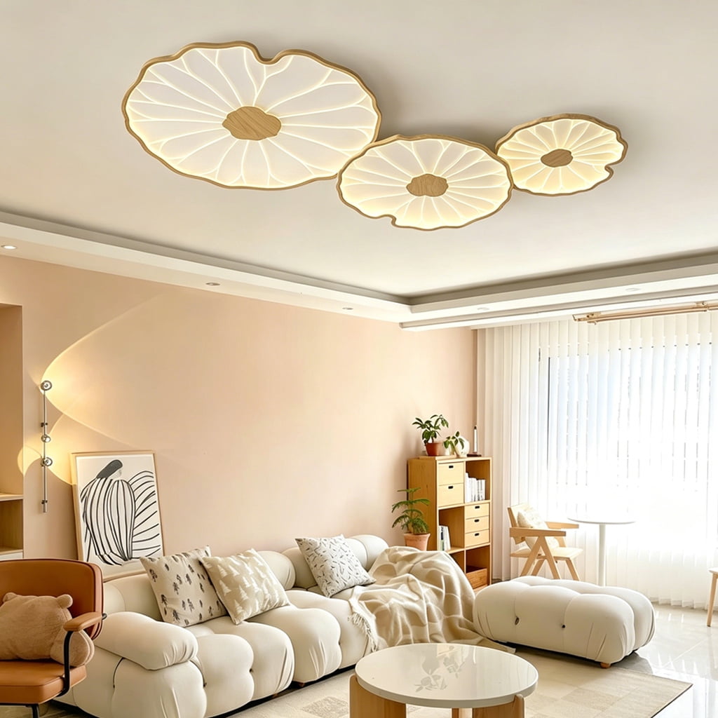 LittleGlovo Natural Wood Lotus Leaf LED Ceiling Light Wabi-Sabi Close to Ceiling Lighting Fixture for Bedroom, Living Room, Dining Room