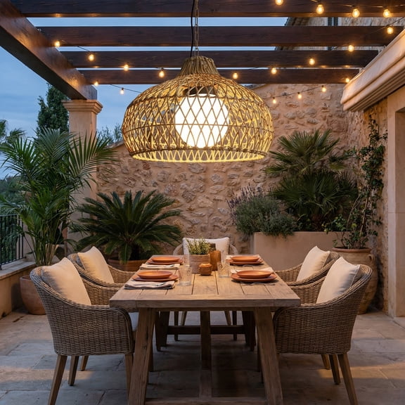 LittleGlovo Outdoor Pavilion Rattan Chandelier Homestay Restaurant Garden Decor Waterproof Lighting