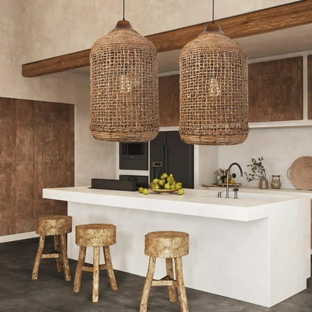 LittleGlovo Oversize Wabi-sabi Kitchen Island Light Large Rattan Pendant Light Fixtures
