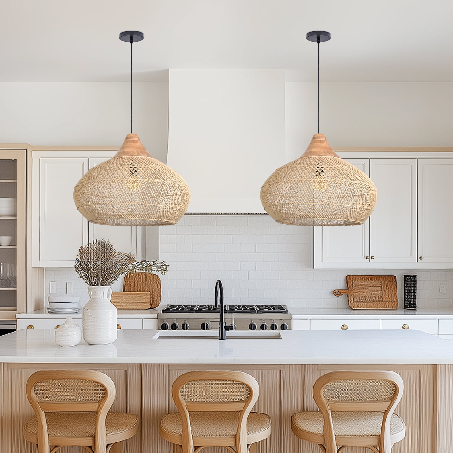LittleGlovo Rattan Chandelier Hand-Woven Boho Pendant Light Fixtures with Solid Wood Basket Wicker Chandelier for Dining Room Kitchen Island Living Room
