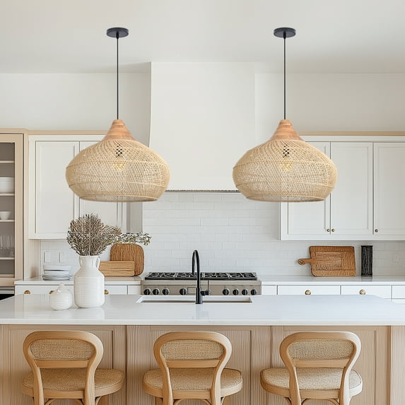 LittleGlovo Rattan Chandelier Hand-Woven Boho Pendant Light Fixtures with Solid Wood Basket Wicker Chandelier for Dining Room Kitchen Island Living Room