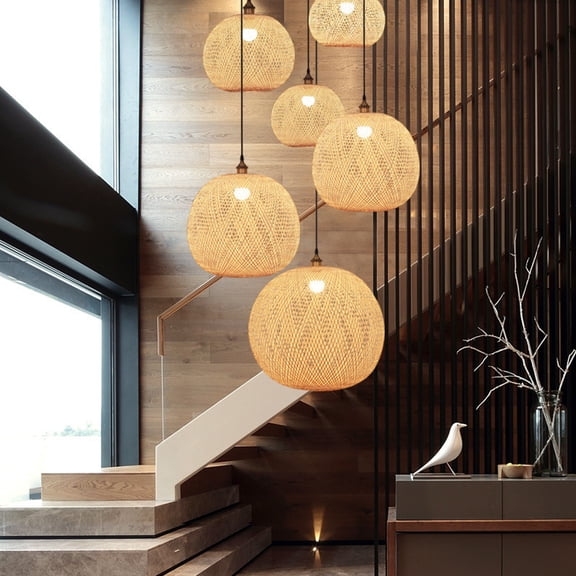LittleGlovo Retro Rattan Bamboo Pendant Lights Hand Woven Spherical Stairwell Lighting