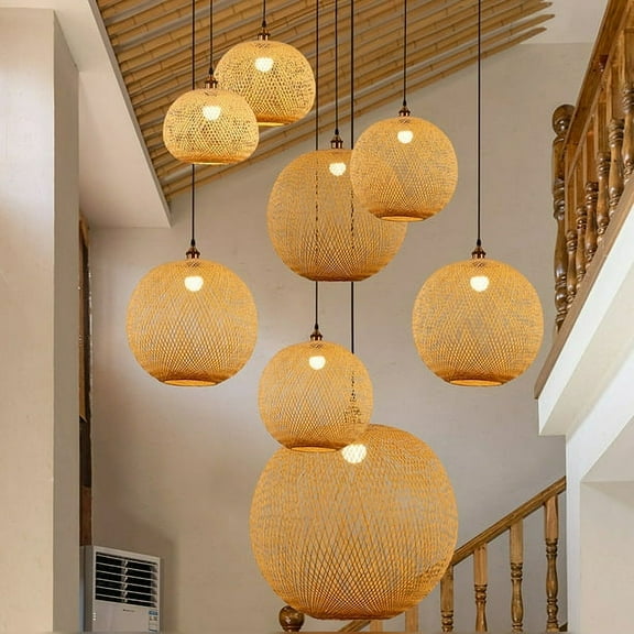 LittleGlovo Retro Rattan Bamboo Pendant Lights Hand Woven Spherical Stairwell Lighting