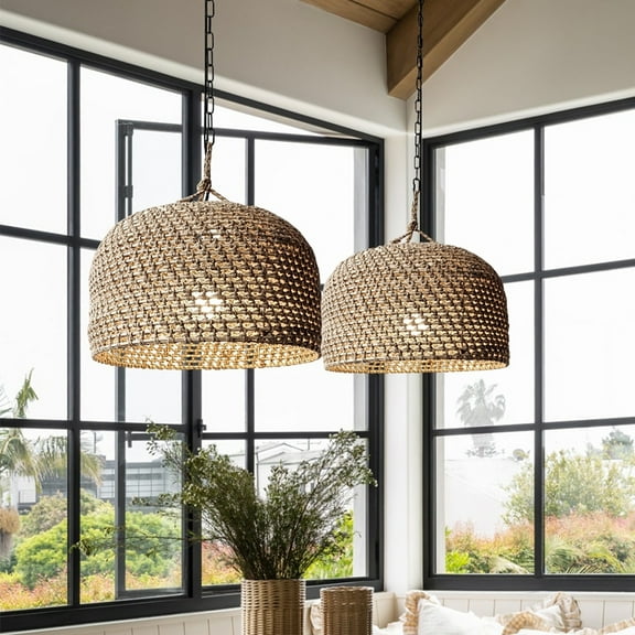 LittleGlovo Retro Rattan Pendant Lights Kitchen Island Decor Hemp Rope Woven Lampshade