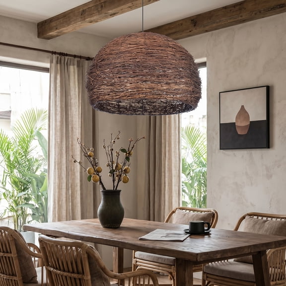 LittleGlovo Rustic Bird Nest Rattan Pendant Light, Handwoven Bohemian Hanging Ceiling Light