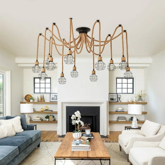 LittleGlovo Spherical Cage Rope Multi Lamp Brown Pendant Light