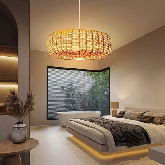 LittleGlovo Woven Rattan Hanging Lamp Countryside Style Pendant Lighting