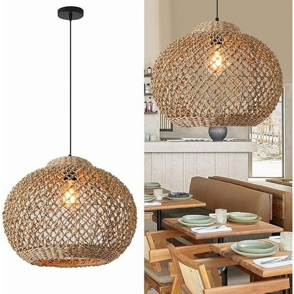 LittleGlovo Woven Rattan Pendant Light,Hand-Woven Water Plants Rattan Chandelier Boho Wicker Coastal Retro Ceiling Chandelier Lighting