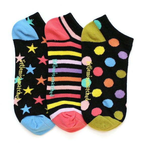 LittleMissMatched Black Zany Liner Socks, Dots Stripes Stars - 3 Socks (Kids 6-2, Black)