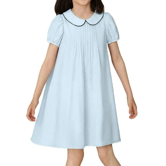 LittleSpring 3T Toddler Girls Short Sleeve Dress Peter Pan Collar School Uniform Dresses Casual Solid Blue