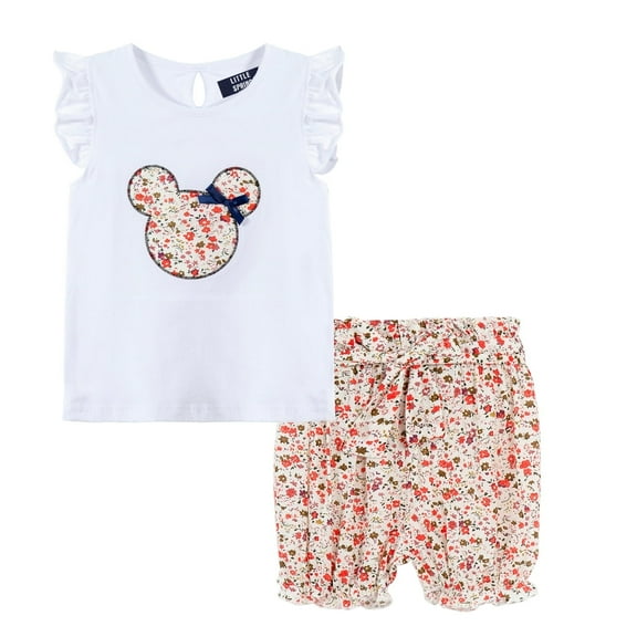 LittleSpring 3T Toddler Girls Summer Outfits T-Shirt and Shorts Set 2 Piece Outfit Cartton Floral Pattern White