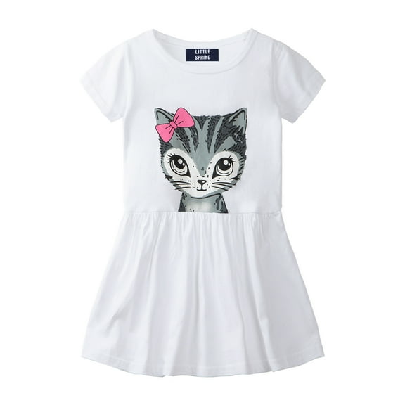 LittleSpring 4T Toddler Girls Cat Dress Short Sleeve White Dress Summer Casual A-Line Crewneck Cute