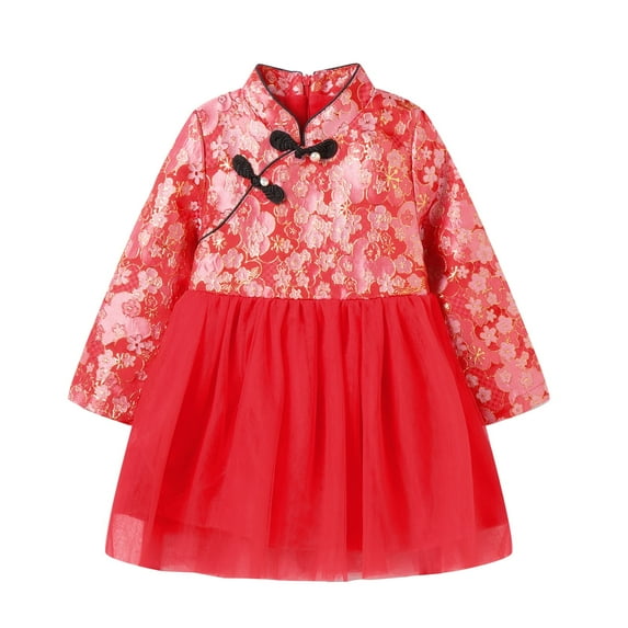 LittleSpring 4T Toddler Girls Qipao Dress Fleece Lined Cheongsam for Kids Chinese New Year Dresses with Zipper Long Sleeve Red Floral