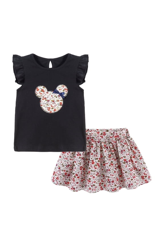 Baby Girls 2 Piece Outfits T-Shirt and Skirt Set Summer Clothes Floral Cartoon Pattern Black 12-18 Months
