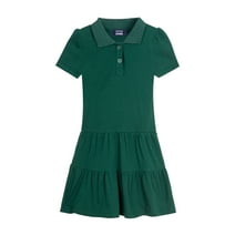LittleSpring Big Girls Pique Polo Dress Short Sleeve Size 10 Tiered Dress Ruffle Drop Waist Uniform Solid Green