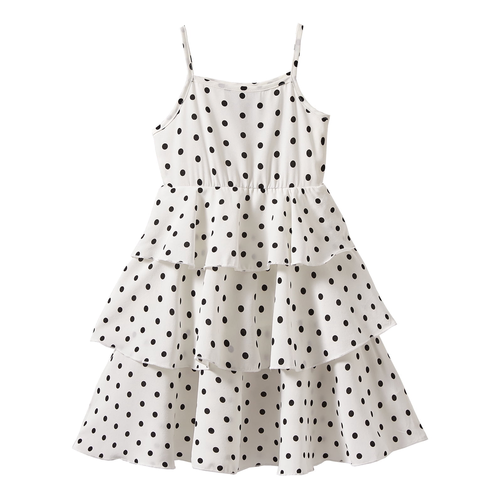 Big Girls Polka Dot Sleeveless Dress Lightweight Spaghetti Strap Tiered Dress White Size 12