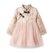 LittleSpring Big Girls Qipao Dress Long Sleeve Tutu Dress for Chinese New Year Winter Pink Flower with Belt Size 10 Tween